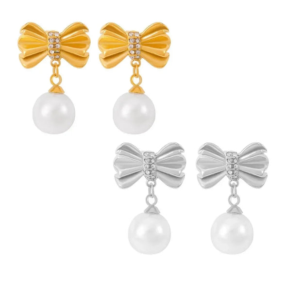 Women's Baroque Imitation Pearl 316L Stainless Steel Gold Plated Retro Bow Geometric Earrings