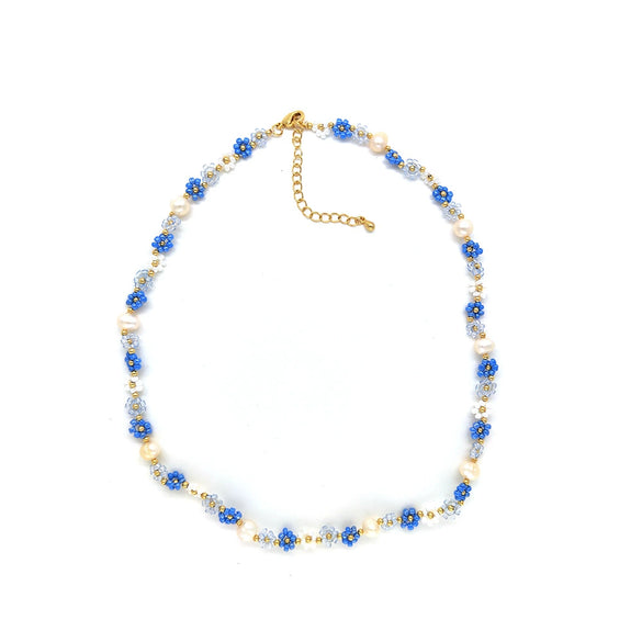 Women's Baroque Natural Pearl And Organic Glass Daisy Flower Handwoven Clavicle Chain With Geometric Styling