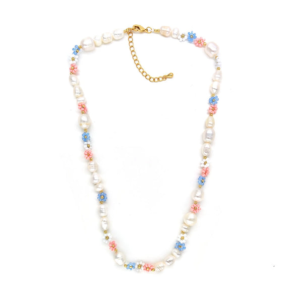 Women's Baroque Natural Pearl And Organic Glass Daisy Flower Handwoven Clavicle Chain With Geometric Styling