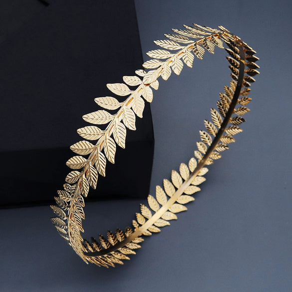 Women's Baroque Retro Round Metal Hair Band With Golden Olive Leaf Crown Design Electroplated Bridal Wedding Headwear