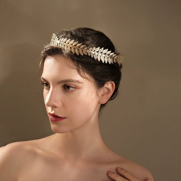 Women's Baroque Retro Round Metal Hair Band With Golden Olive Leaf Crown Design Electroplated Bridal Wedding Headwear