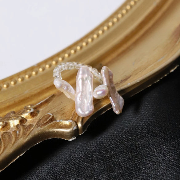 Women's Baroque Style Adjustable Ring With Natural Freshwater Specialshaped Pearls And Geometric Pattern Electroplated