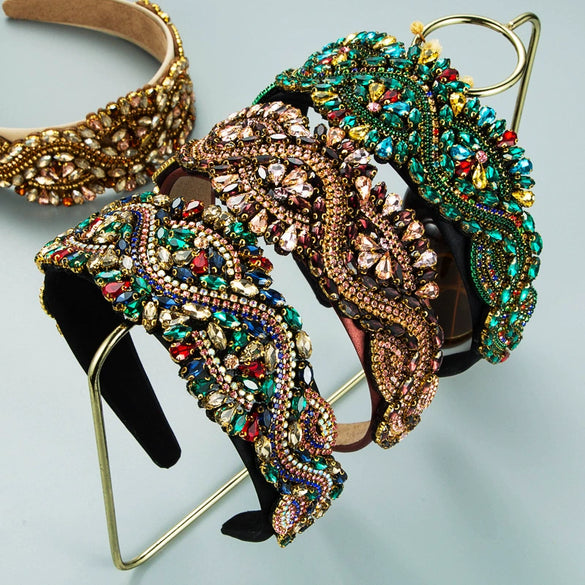 Women's Baroque Style Crystal Embellished Headband With Exaggerated Wide Statement Design Luxury Cloth Hair Accessory