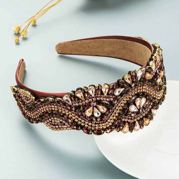 Women's Baroque Style Crystal Embellished Headband With Exaggerated Wide Statement Design Luxury Cloth Hair Accessory