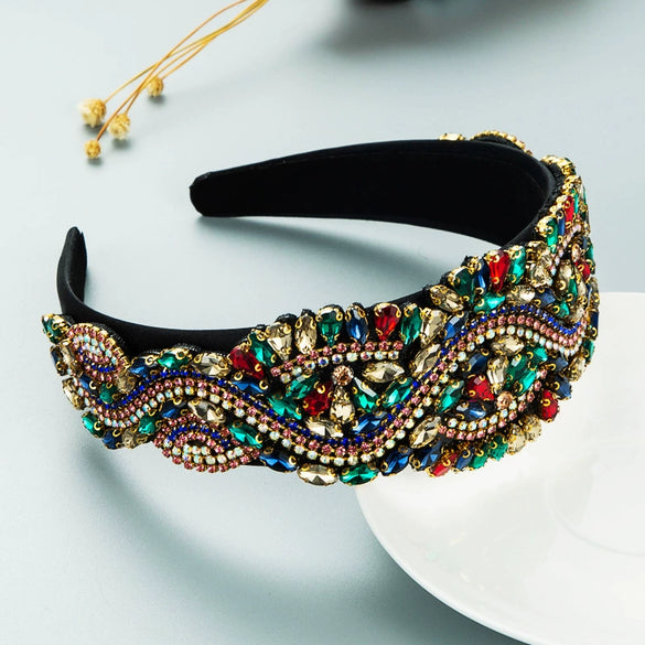 Women's Baroque Style Crystal Embellished Headband With Exaggerated Wide Statement Design Luxury Cloth Hair Accessory