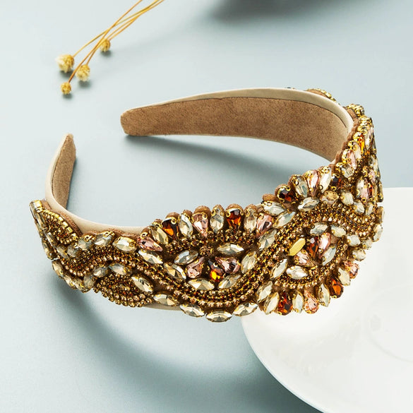 Women's Baroque Style Crystal Embellished Headband With Exaggerated Wide Statement Design Luxury Cloth Hair Accessory