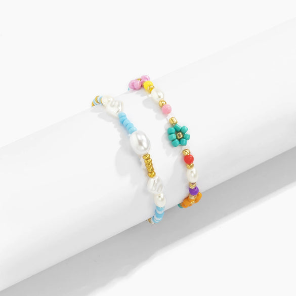 Women's Baroque Style Handknitted Bracelet With Rice Beads And Imitation Pearls And Flower Pattern