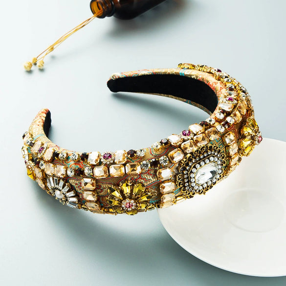 Women's Baroqueinspired Embellished Cloth Hair Hoop Headband With Diamond Details Thickened Sponge Padding And Embroidered Design