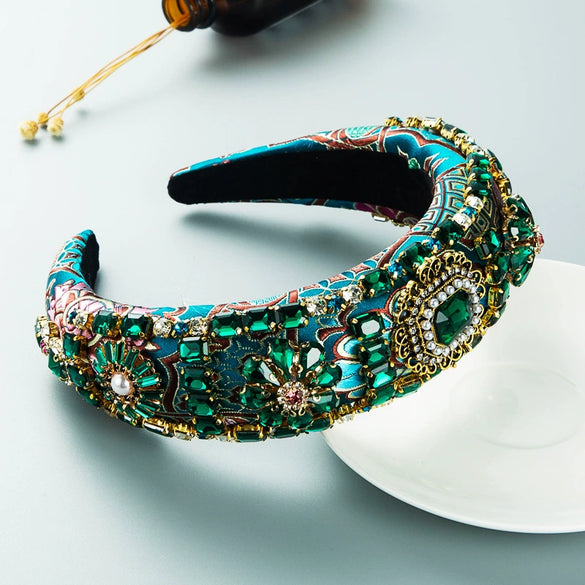 Women's Baroqueinspired Embellished Cloth Hair Hoop Headband With Diamond Details Thickened Sponge Padding And Embroidered Design