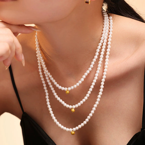 Women's Bead And Titanium Steel Pendant Necklace Bracelet Set With Small Ball Shape And Electroplating Treatment
