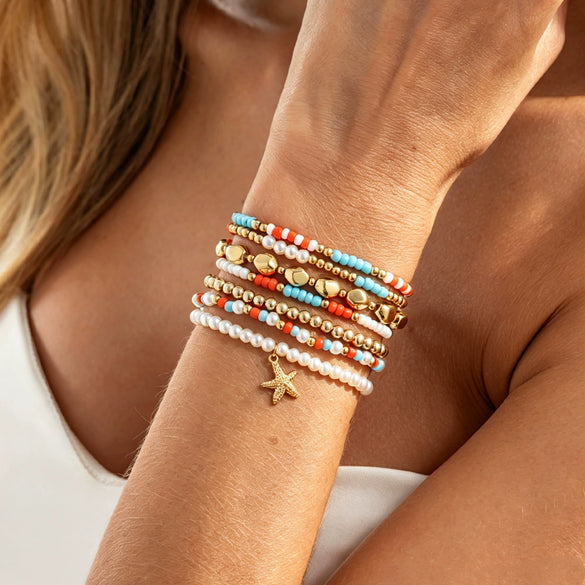 Women's Beaded Elastic Bracelet With Starfish Pendant And Imitation Pearls Geometric Alloy Jewelry In Instagram Style