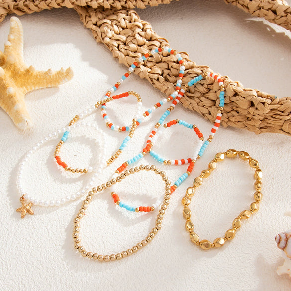 Women's Beaded Elastic Bracelet With Starfish Pendant And Imitation Pearls Geometric Alloy Jewelry In Instagram Style