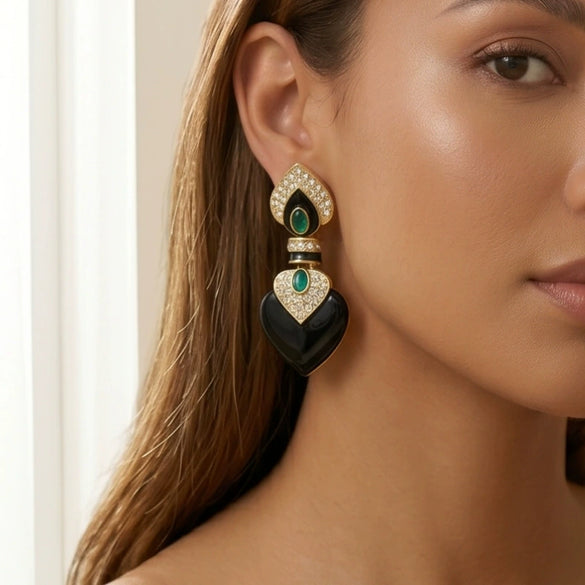 Women's Black Heartshaped Alloy Earrings With Geometric Design Electroplated Finish And 925 Silver Ear Posts