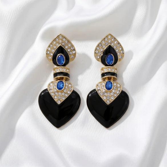 Women's Black Heartshaped Alloy Earrings With Geometric Design Electroplated Finish And 925 Silver Ear Posts