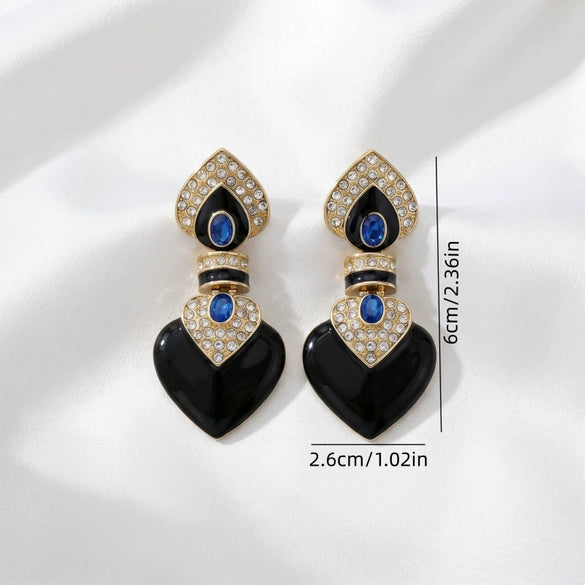 Women's Black Heartshaped Alloy Earrings With Geometric Design Electroplated Finish And 925 Silver Ear Posts