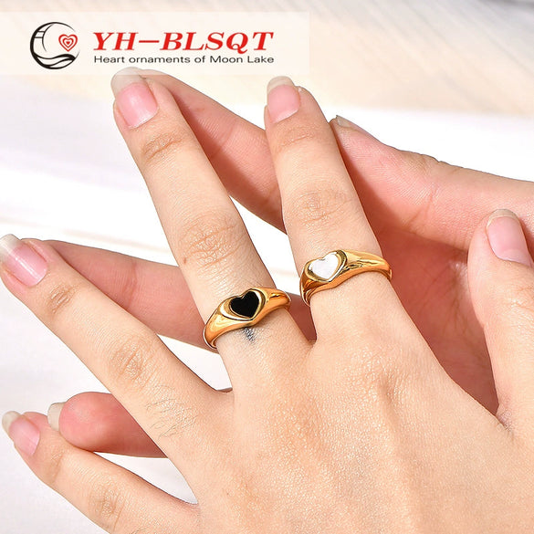 Women's Black Heartshaped Titanium Steel Epoxy Accessories Ring With Geometric Pattern And Electroplating Treatment