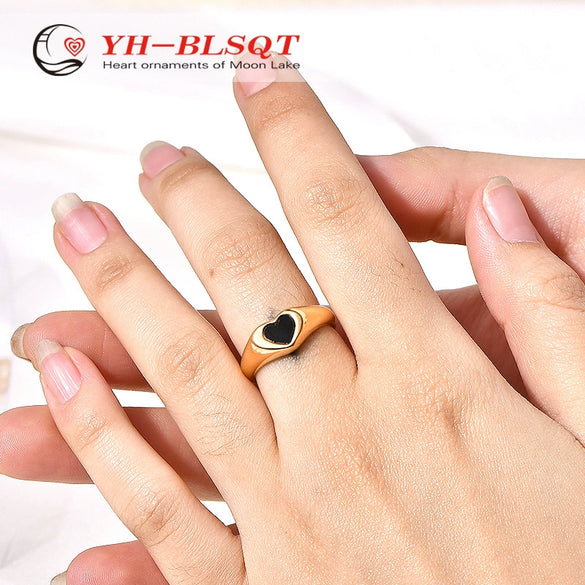 Women's Black Heartshaped Titanium Steel Epoxy Accessories Ring With Geometric Pattern And Electroplating Treatment