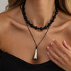 Women's Black Waxed Rope Necklace With Glossy Geometric Teardrop Alloy Pendant Minimalist Handmade Jewelry