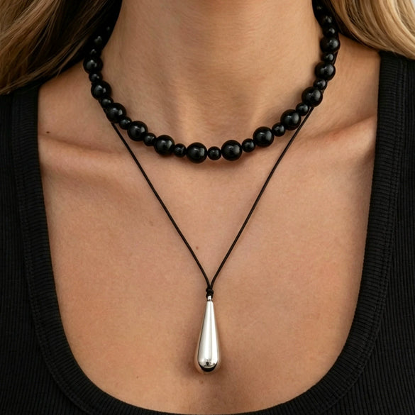 Women's Black Waxed Rope Necklace With Glossy Geometric Teardrop Alloy Pendant Minimalist Handmade Jewelry
