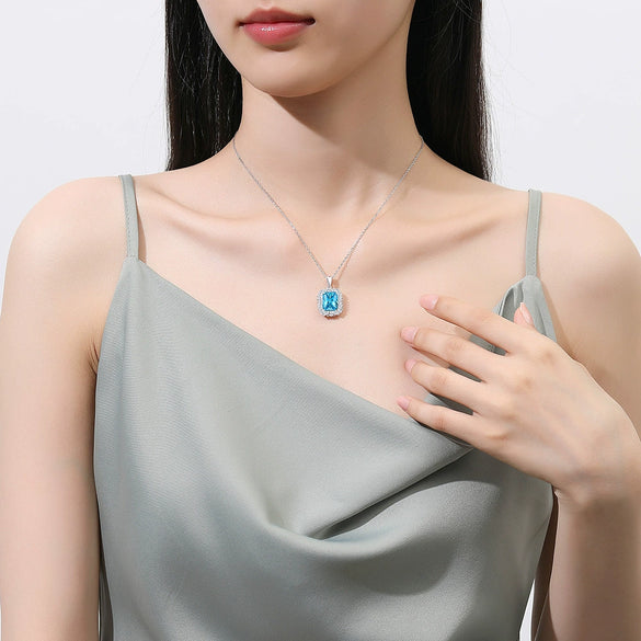 Women's Blue Gem Pendant Rectangular S925 Sterling Silver Light Luxury Geometric Diamond Design Necklace With Cross Chain