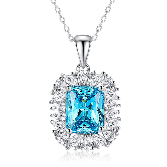 Women's Blue Gem Pendant Rectangular S925 Sterling Silver Light Luxury Geometric Diamond Design Necklace With Cross Chain