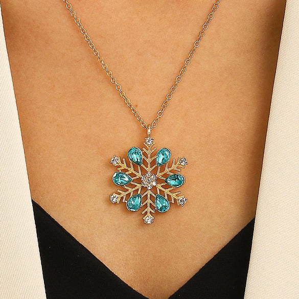 Women's Blue Zircon Snowflake Necklace With Geometric Alloy Pendant And Delicate Chain Jewelry