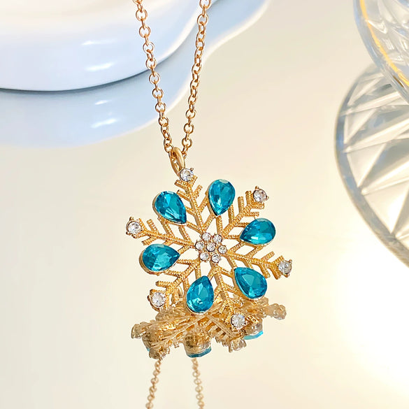 Women's Blue Zircon Snowflake Necklace With Geometric Alloy Pendant And Delicate Chain Jewelry