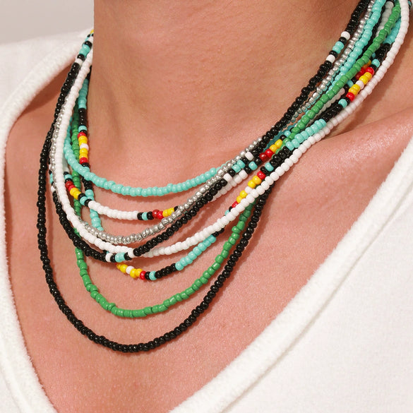 Women's Bohemian Casual Collarbone Necklace With Mixed Colorful Rice Beads And Glass Pendant Stainless Steel Handmade Geometric Style O Chain