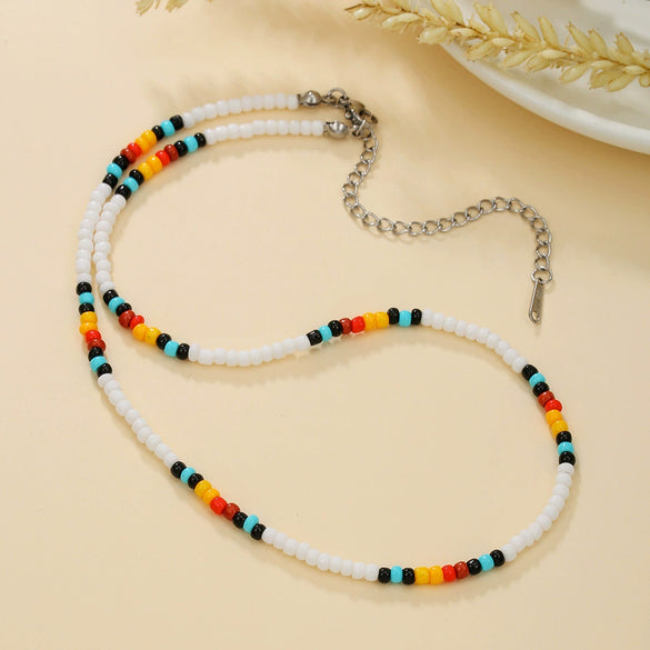 Women's Bohemian Casual Collarbone Necklace With Mixed Colorful Rice Beads And Glass Pendant Stainless Steel Handmade Geometric Style O Chain