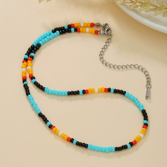 Women's Bohemian Casual Collarbone Necklace With Mixed Colorful Rice Beads And Glass Pendant Stainless Steel Handmade Geometric Style O Chain