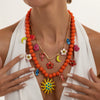 Women's Bohemian Floral Geometric Alloy Pendant Necklace With Handmade Resin Beading And Lobster Clasp