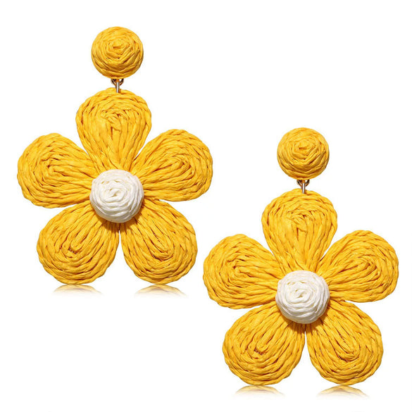Women's Bohemian Flower Pendant Earrings With Alloy Electroplated Details And Raffia Woven Design Stainless Steel Ear Needles High End Floral Style
