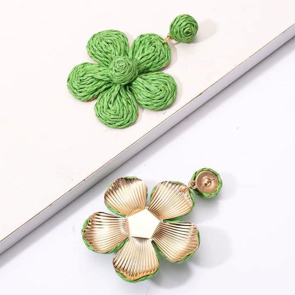 Women's Bohemian Flower Pendant Earrings With Alloy Electroplated Details And Raffia Woven Design Stainless Steel Ear Needles High End Floral Style