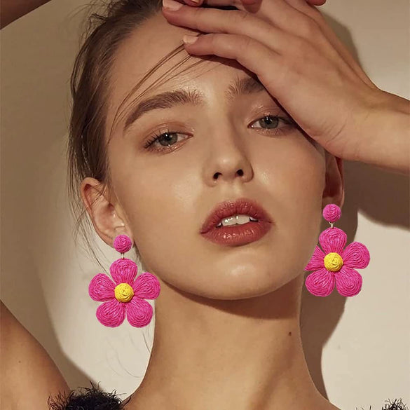 Women's Bohemian Flower Pendant Earrings With Alloy Electroplated Details And Raffia Woven Design Stainless Steel Ear Needles High End Floral Style