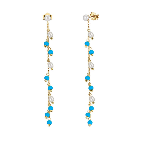 Women's Bohemian Geometric Tassel Earrings With Turquoise And Freshwater Pearl In 925 Silver Electroplated Finish