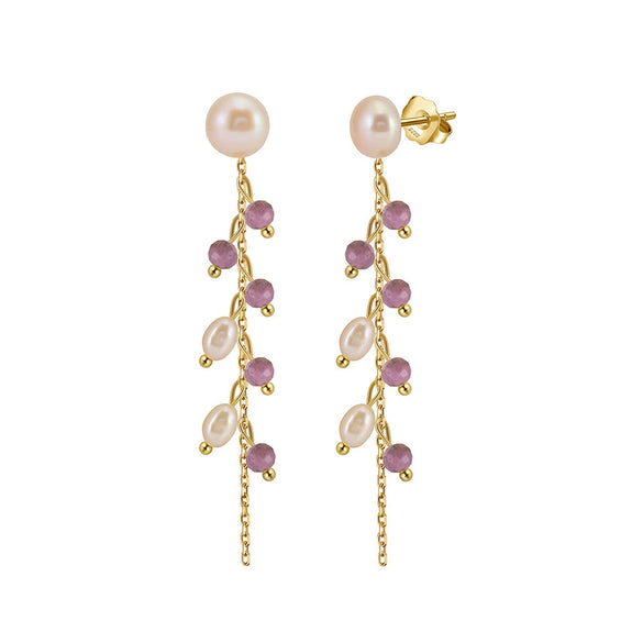 Women's Bohemian Geometric Tassel Earrings With Turquoise And Freshwater Pearl In 925 Silver Electroplated Finish