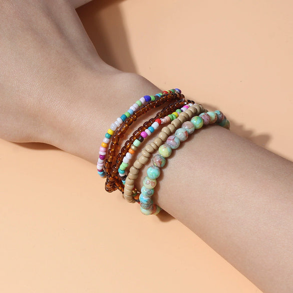 Women's Bohemian Handmade Pearl Geometric Multilayer Elastic Beaded Bracelet