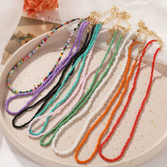Women's Bohemian Handmade Rice Bead Geometric Short Choker Necklace