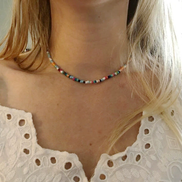 Women's Bohemian Handmade Rice Bead Geometric Short Choker Necklace