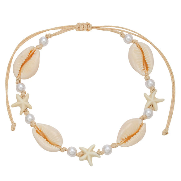 Women's Bohemian Imitation Pearl Braided Anklet With Starfish Shell And Geometric Pattern