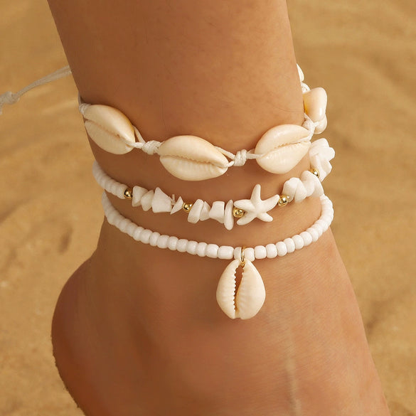 Women's Bohemian Imitation Pearl Braided Anklet With Starfish Shell And Geometric Pattern