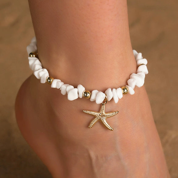 Women's Bohemian Imitation Pearl Braided Anklet With Starfish Shell And Geometric Pattern