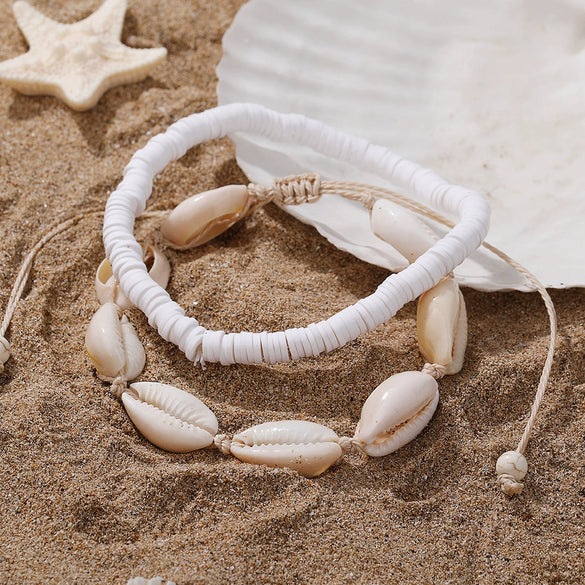 Women's Bohemian Imitation Pearl Braided Anklet With Starfish Shell And Geometric Pattern