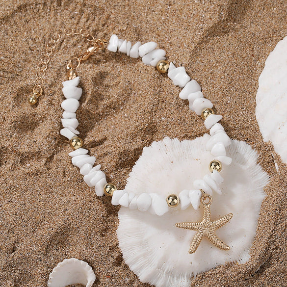 Women's Bohemian Imitation Pearl Braided Anklet With Starfish Shell And Geometric Pattern