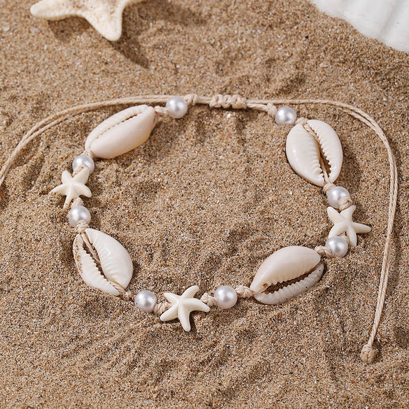 Women's Bohemian Imitation Pearl Braided Anklet With Starfish Shell And Geometric Pattern