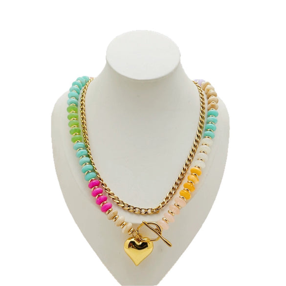 Women's Bohemian Rainbow Beaded Doublelayer Necklace With Polished Electroplated Alloy Heart Pendant