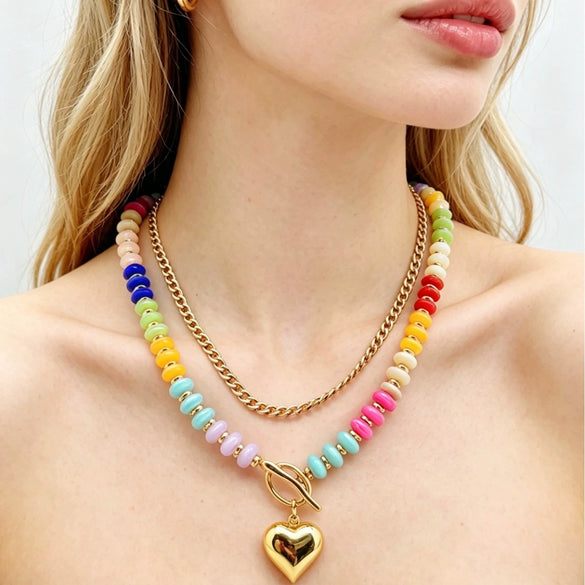 Women's Bohemian Rainbow Beaded Doublelayer Necklace With Polished Electroplated Alloy Heart Pendant