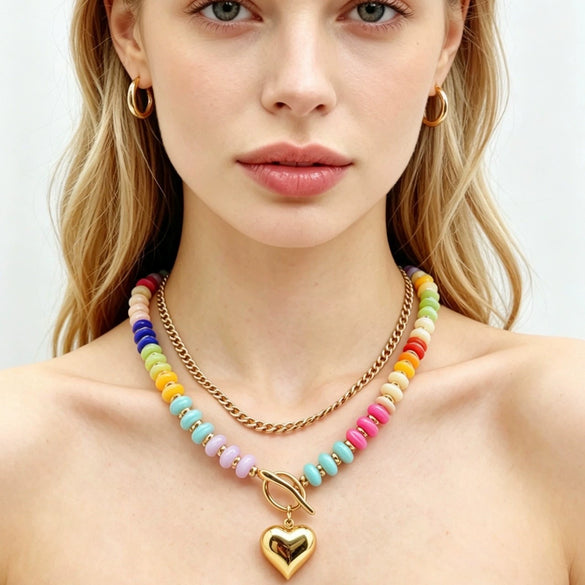 Women's Bohemian Rainbow Beaded Doublelayer Necklace With Polished Electroplated Alloy Heart Pendant