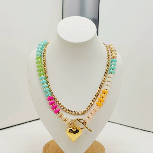 Women's Bohemian Rainbow Beaded Doublelayer Necklace With Polished Electroplated Alloy Heart Pendant