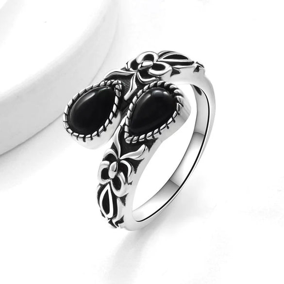 Women's Bohemian Retro Black Agate Spoon Moonstone Open Ring Copper Electroplated Geometric